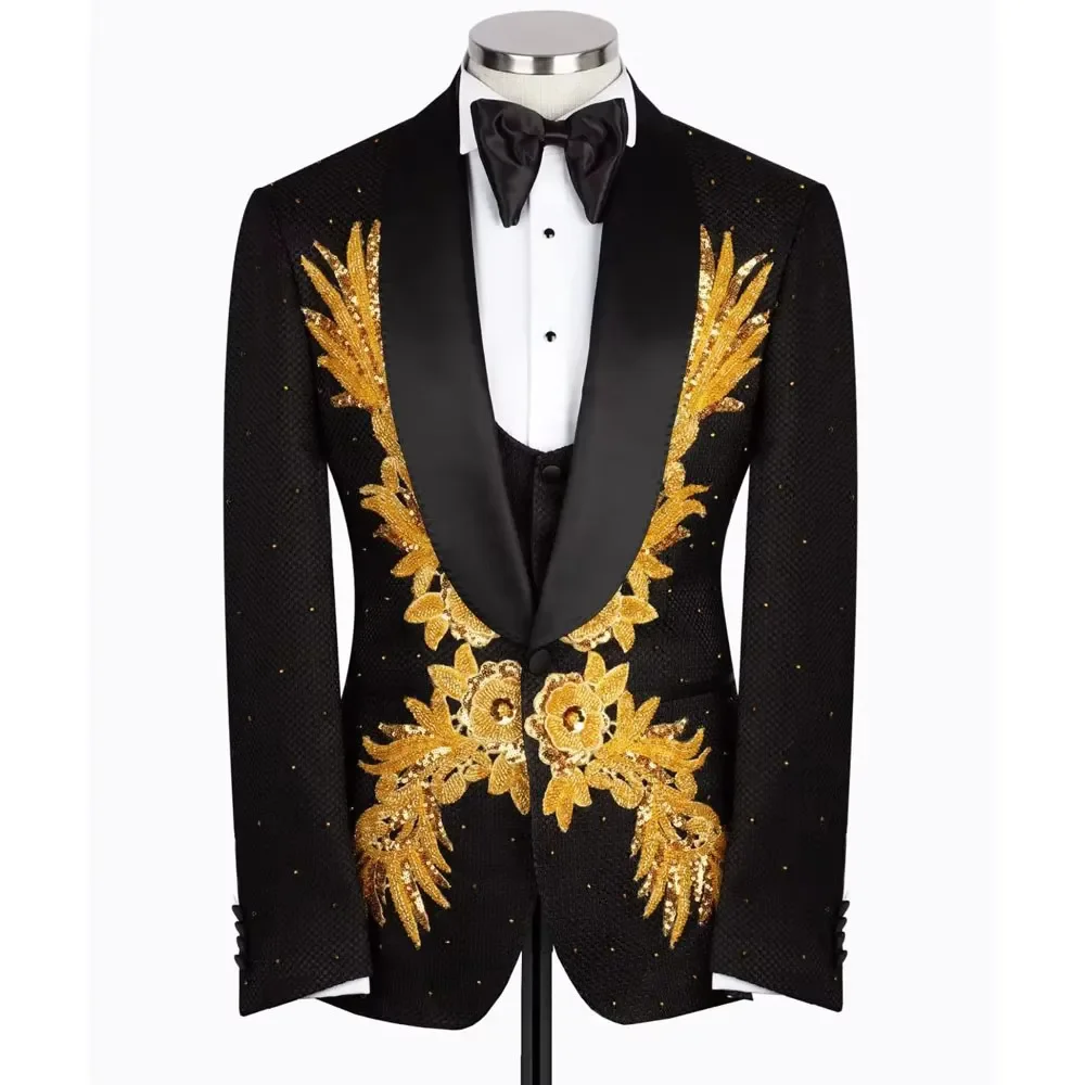 Abiti neri da uomo per matrimonio Appliques con paillettes dorate giacca con perline pantaloni 2 pezzi smoking da sposo banchetto d'affari formale