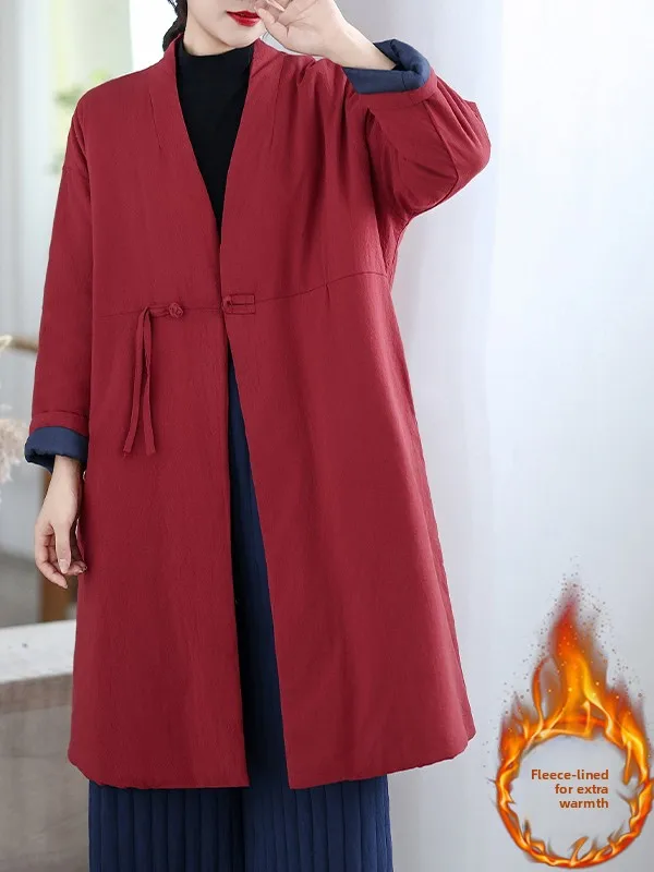 

Chinese Sle Women's Long Cotton Linen Jaet Retro Zen Ethnic National Sle Winter Coat Button Tea Costume V-ne Thiened