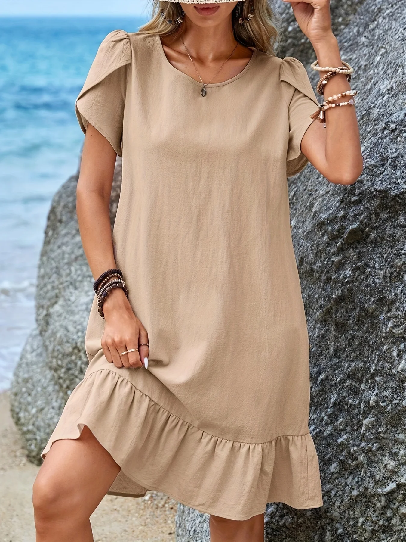 ผู้หญิงฤดูร้อนแขนสั้นเข่าความยาวชุดรอบคอกลีบแขน Ruffle Hem Smock Dress