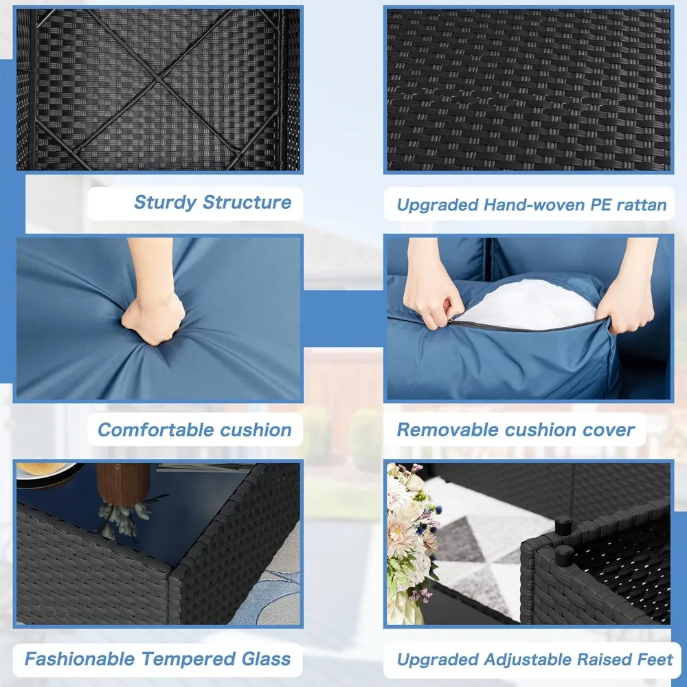 5-teiliges Sofa für die Terrasse im Freien, Möbelsets aus PE-Korbgeflecht, Gesprächssets mit waschbaren Kissen, Couchtisch aus Glas