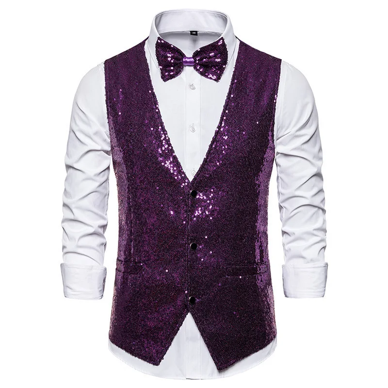 Men Sequin Waistcoat Sleeveless Slim Fit Shiny Blazer Vest Party Wedding Waistcoat Suit Vest Men Stage Performance Sequin Vest