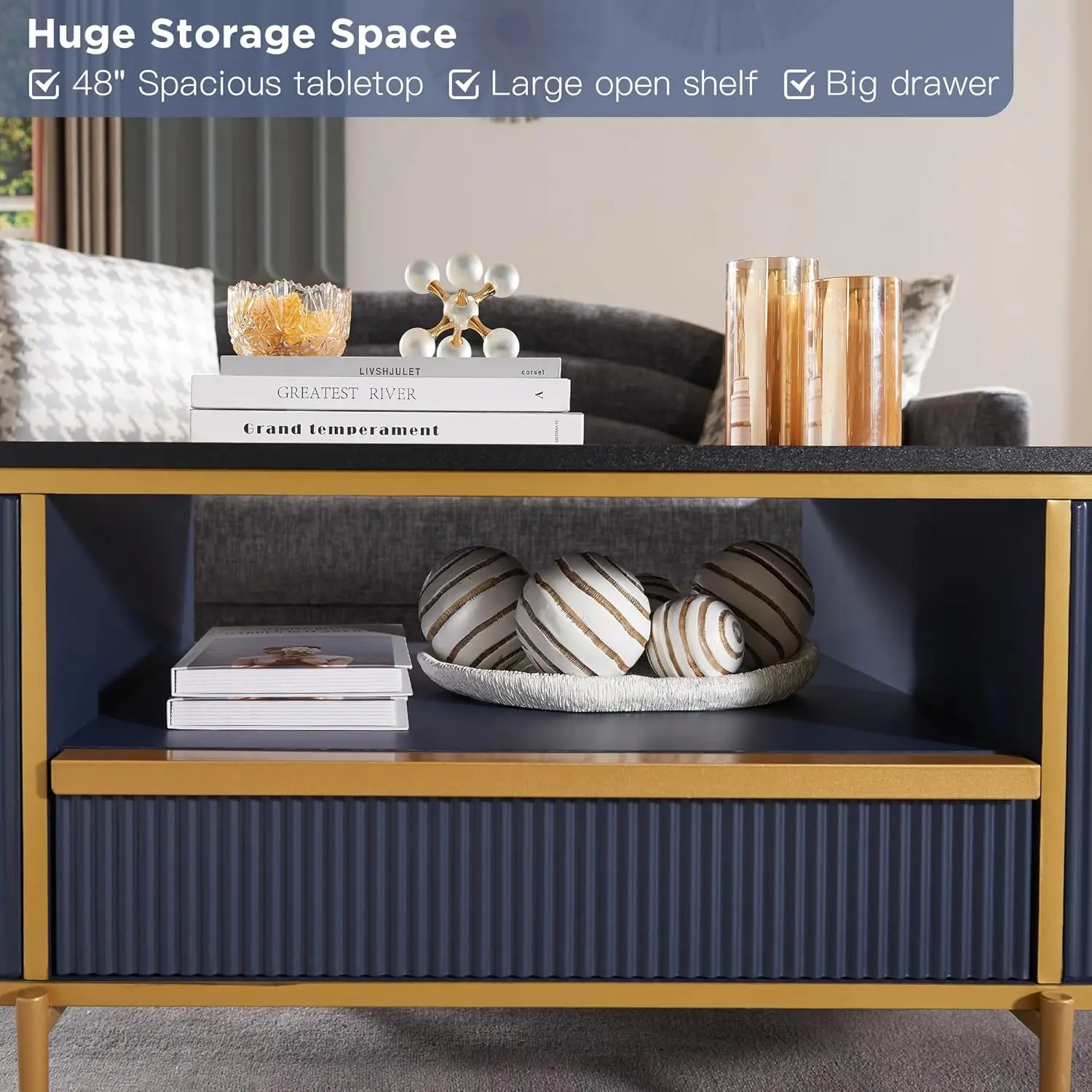 طاولة قهوة حديثة فاخرة مخددة، طاولة قهوة بيضاوية مقاس 48 بوصة مع درج، سطح من الرخام الصناعي، تصميم منحني، ديكور معدني ذهبي،