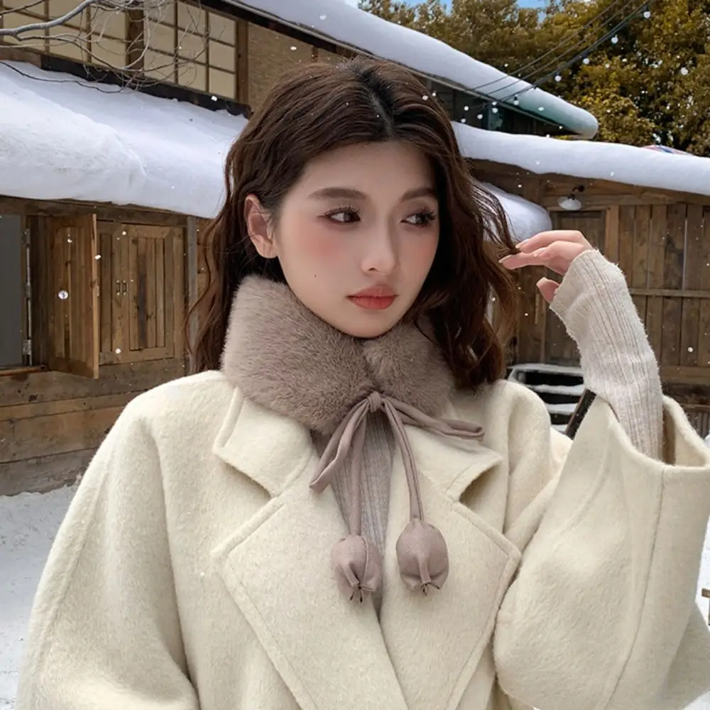 

Sweet Rabbit Fur Earmuffs Multi Functional Tulip Flower Tether Warm Plush Scarf Solid Color Neckerchief Fur Neck Warmer