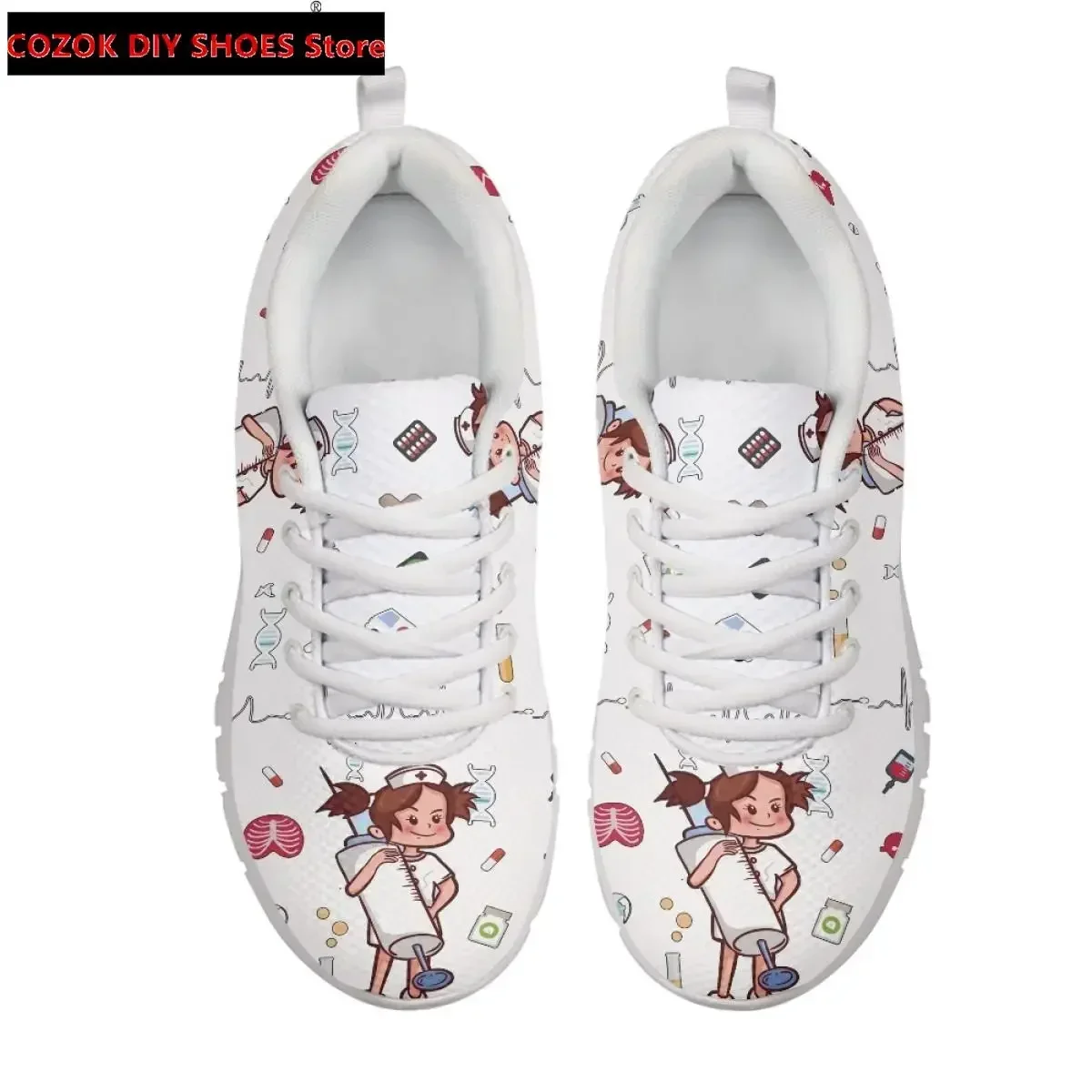 Women Lace Up Nurse Shoes Syringe Medical Heartbeat Pattern Female Casual Mesh Flats Sneaker Girls Zapatillas Mujer