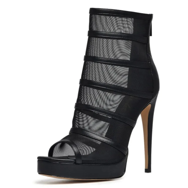 

DIZHUANG Fashionable women's high-heeled boots. Black mesh cool boots. About 12cm heel height. Ankle boots. Summer women's boots