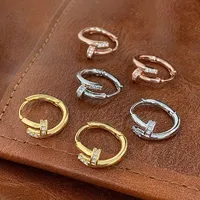 Real 925 Sterling Silver Zircon Nail Round Hoop Earrings for Women Minimalist Trendy Fine Jewelry Shiny Tool Accessories