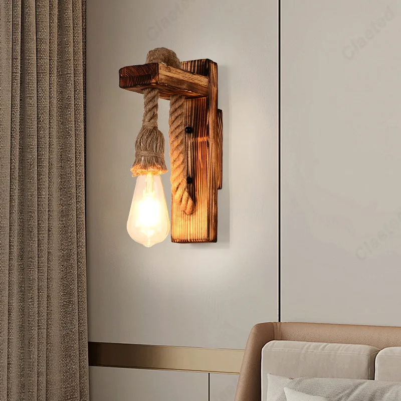 

Retro Simple LED Solid Wood Hemp Rope Wall Lamp Living Room Corridor Balcony Bedroom Decorative Atmosphere Lighting