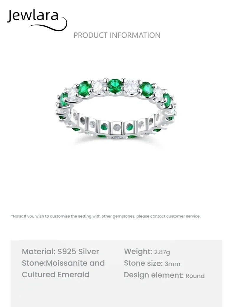 Jewlara 925 Sterling Silver Lab-Grown Emerald Row Ring, Fashion Light Luxury Moissanite Full Diamond Ring for Women
