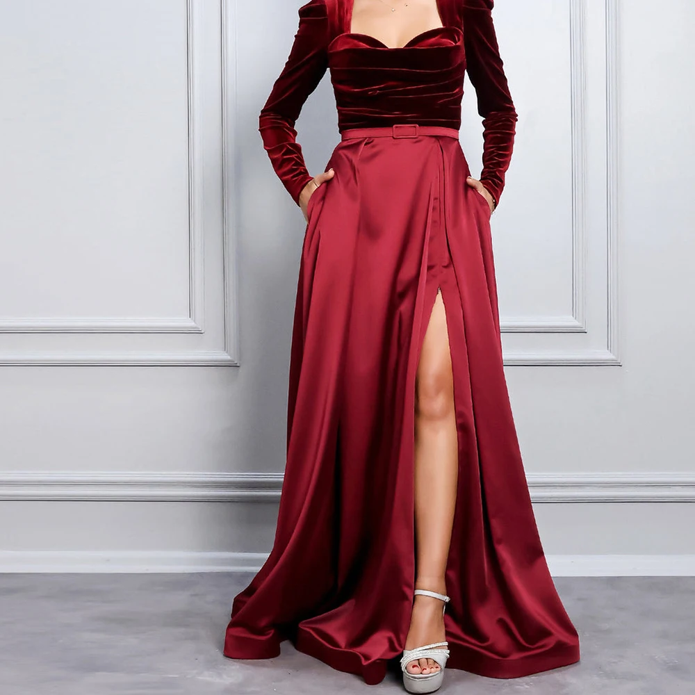 

Floor Length Satin Long Sleeves Sweetheart Straight Elegant Party Dresses Woman Sweep Train Pleats Sahes Bespoke Occasion Gowns