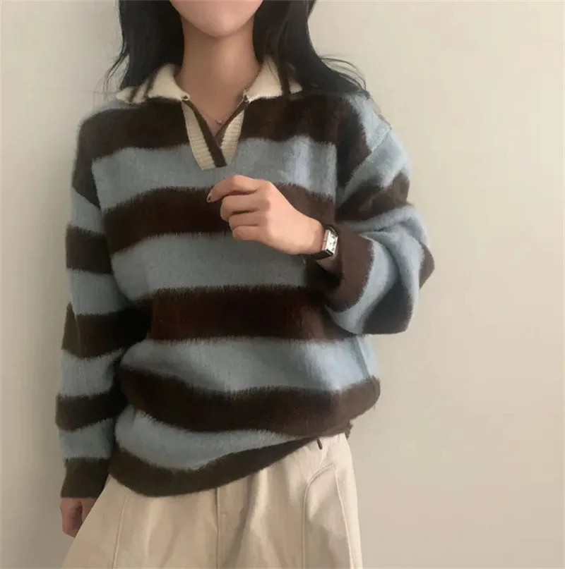 Gestreifte Strickpullover für Damen, Herbst-Winter, Vintage, lockere Passform, mit Umlegekragen, modisch, gemütlich, vielseitig, lässiges Oberteil. – Detail 18
