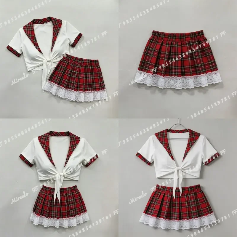 Schoolgirl Cosplay Lingerie Set Red Plaid Tie Front Crop Top Lace Trim Mini Skirt Outfit