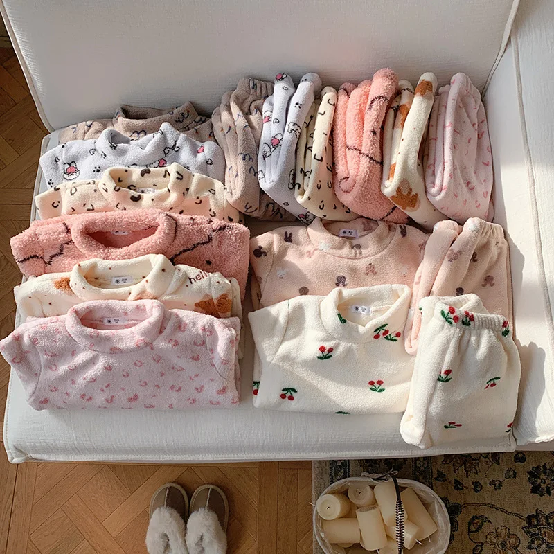 

Winter Flannel Pajamas Set for Kids Girls Boys Warm Thick Sleepwear Home Clothes Autumn Winter