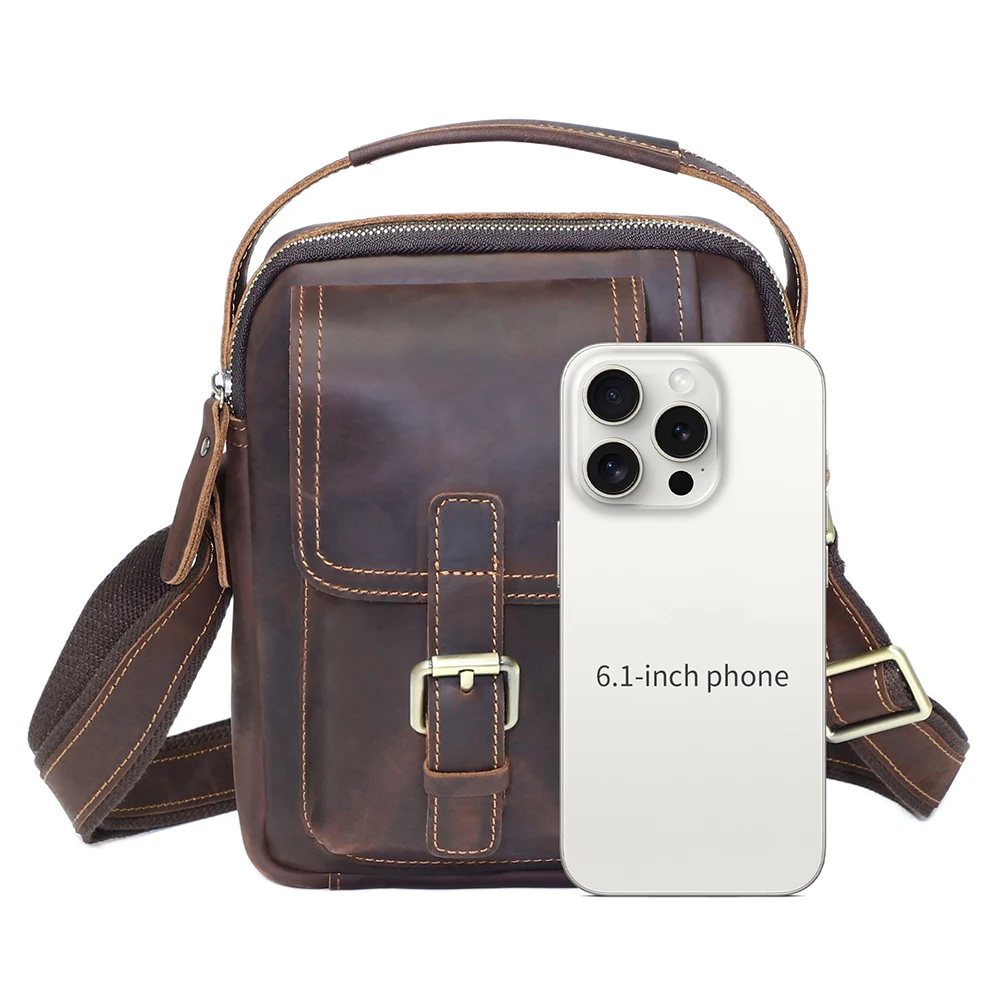 New Men's Bag Crazy Horse Men's Shoulder Bag Crossbody Bag Multi functional Genuine Leather Bag