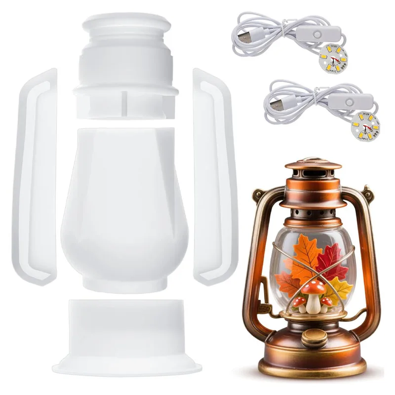 

DIY Camping Oil Lamp Silicone Mold Set with LED Lights Epoxy Resin Casting Mold for Retro Table Lanterns Home Decoration Gift