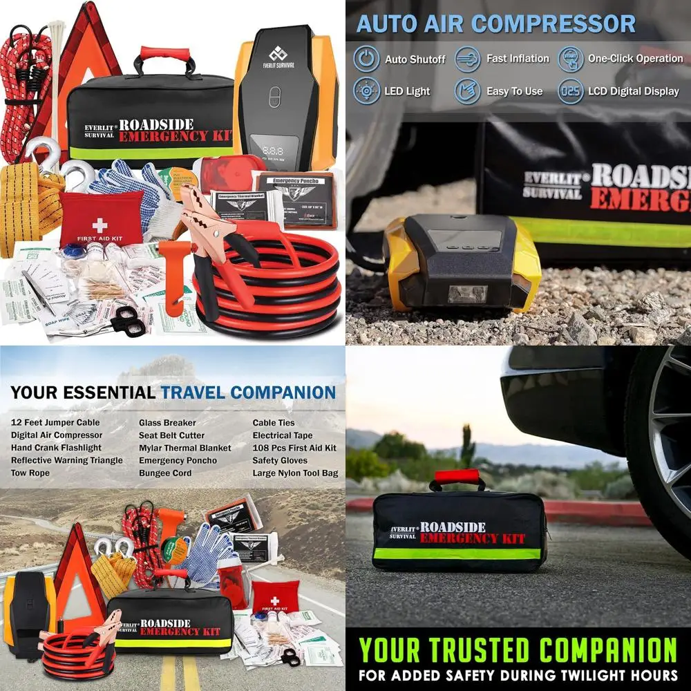 

Survival Car Emergency Kit, Roadside Safety Tool Kit with Gloves,Digital Auto Air Compressor Tire Inflator, First Aid Kit, 12 Fe