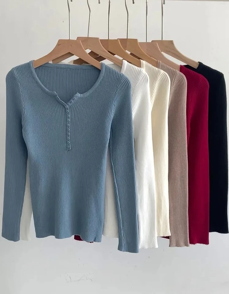 

Autumn Winter Button V Neck Sweater Women Basic Slim Pullover Women And Pullovers Knit Jumper Soft Warm Tops