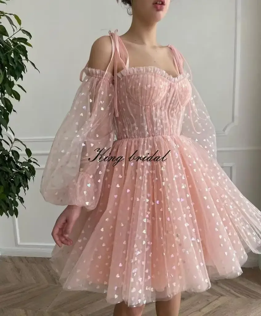 ชุดเดรสโฮมคัมมิ่งผ้าทูลล์แขนพองทรงสวยสำหรับวัยรุ่น - ชุดเดรสค็อกเทลสำหรับงานเลี้ยงตอนเย็นแบบมีสายสปาเก็ตตี้ขนาดเล็กสำหรับเด็กผู้หญิง