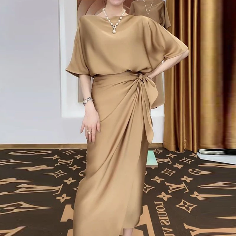 

Sexy Split Lace Up Spring Summer 2023 New Office Lady Round Neck Long Dress Satin Dress Solid Color Modest Dress for Female