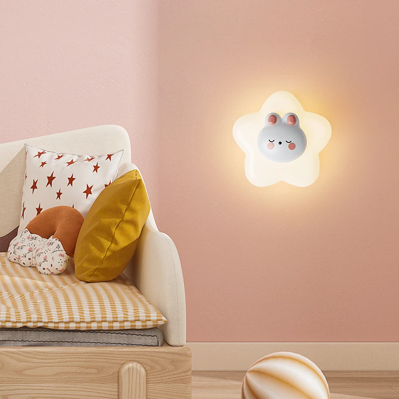 北欧スタイルの暖かいLEDウォールランプ,シンプルな漫画のライト,ウサギの屋内照明,クマと星,階段,寝室とリビングルーム,AC110-220 v,2024