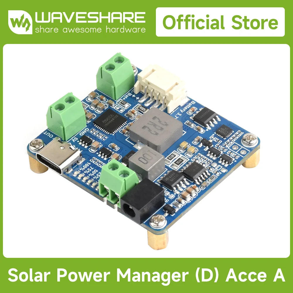 

Waveshare Solar Power Manager Module (D), Supports 6V~24V Solar Panel and Type-C Power Adapter, 5V/3A, for Raspberry Pi/Arduino