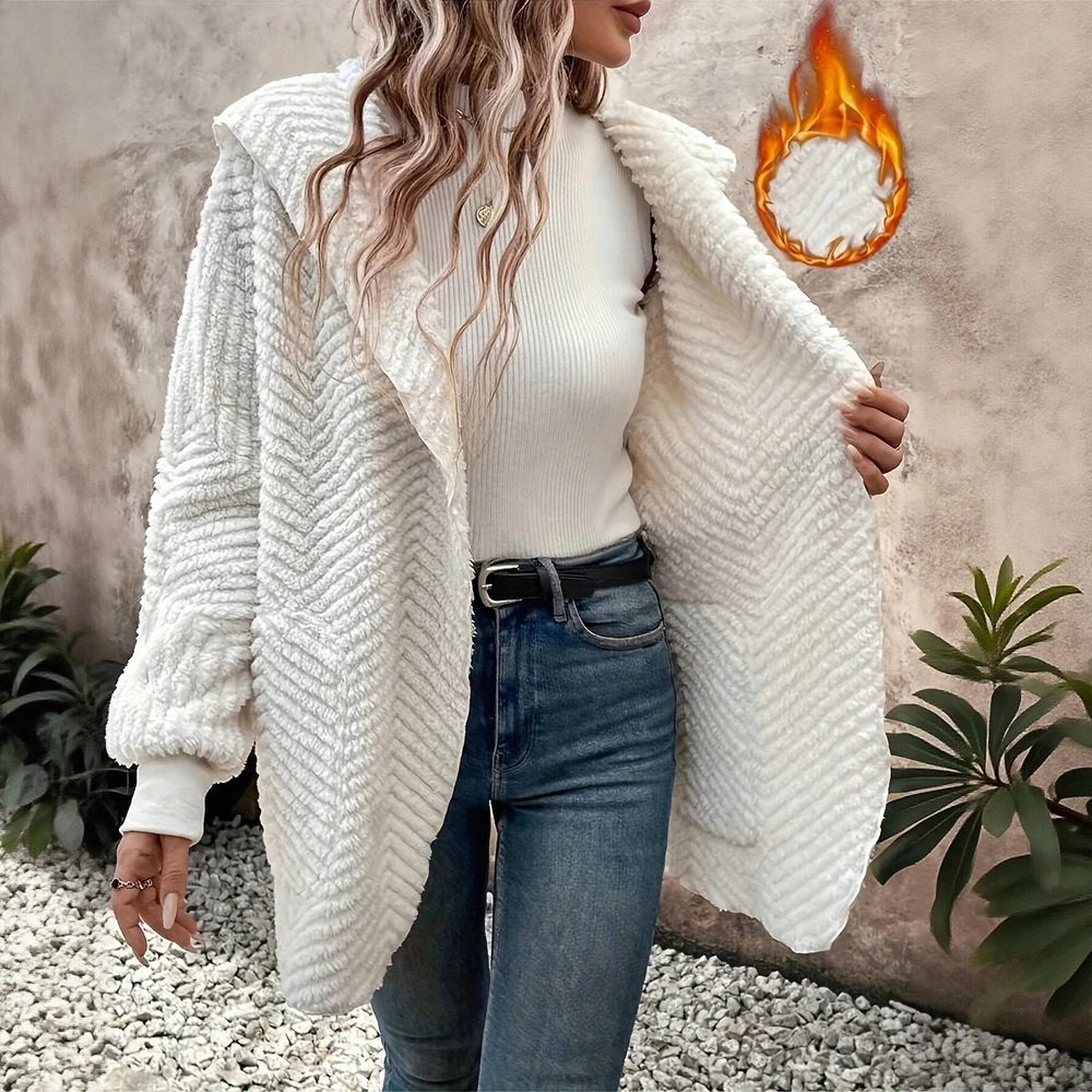 

Women's Double-Sided Velvet Hooded Cardigan Jacket Wave Pattern White Autumn Winter European American Style Coat