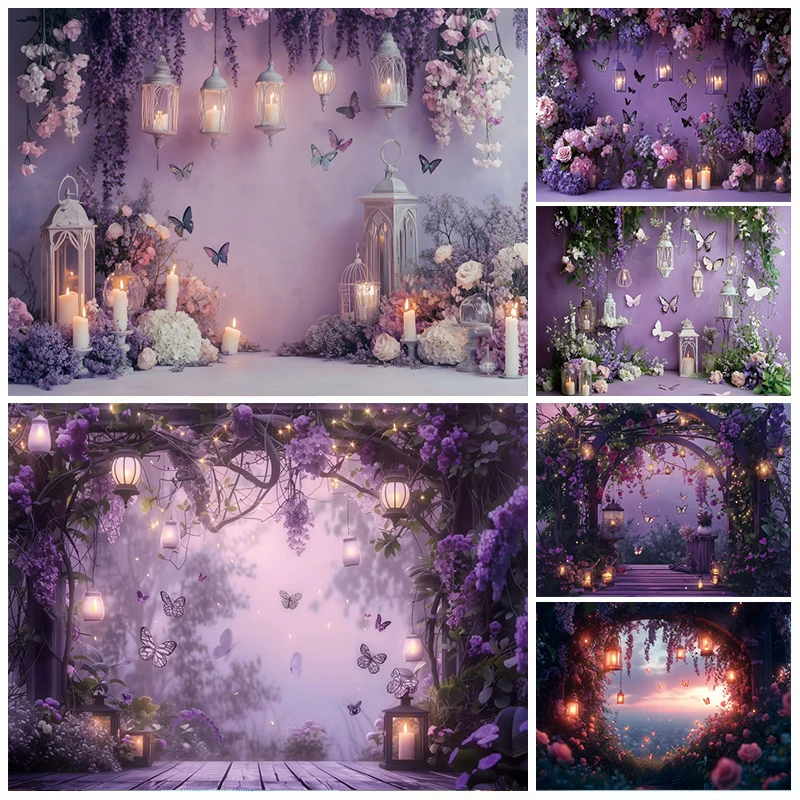 خلفية حديقة خرافية حالمة للتصوير الفوتوغرافي على شكل فراشة أرجوانية وزهور جدارية وشمعة استحمام الطفل وأعياد الميلاد والزفاف وخلفية الصورة #1