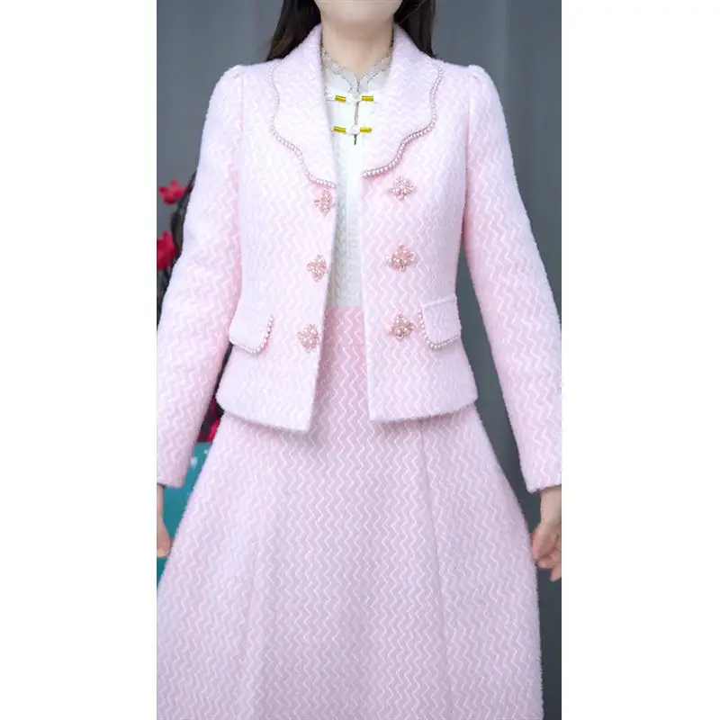 

Элегантный розовый комплект из двух предметов, женская одежда, весенняя новая мода, утепленный стильный короткий костюм, пальто, комплект юбки-миди трапециевидной формы