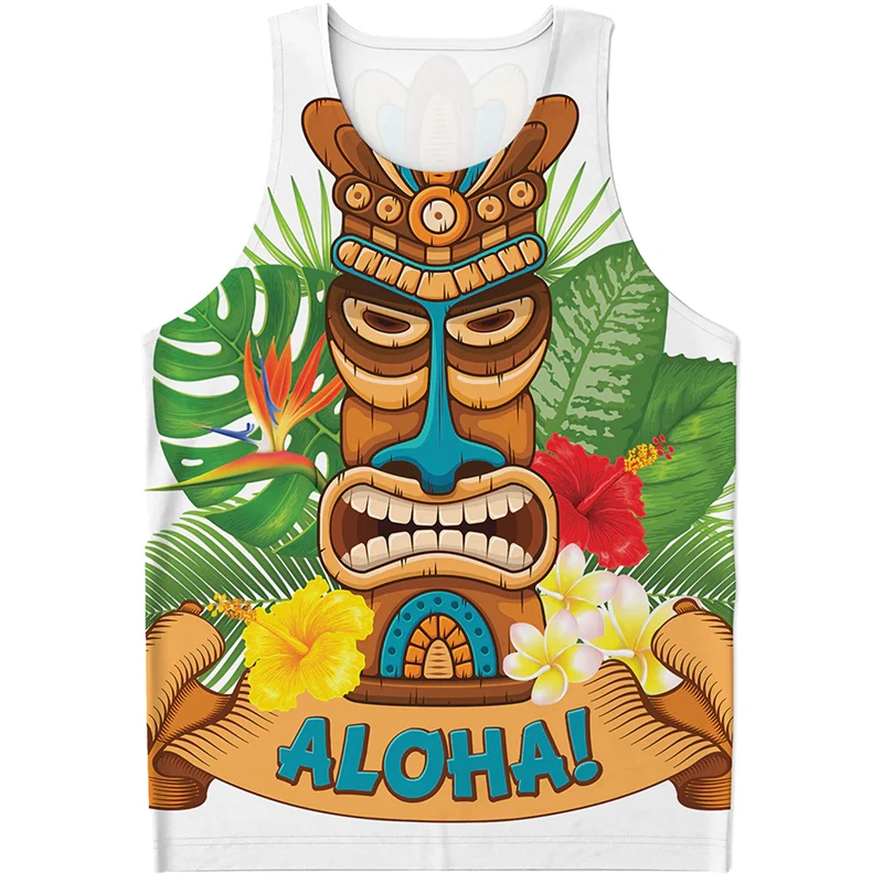 

Casual Tiki Pattern Hawaiian Tank Tops Summer Fashion Mens 3D Printed Aloha Sleeveless T Shirt Loose Vacation Outdoor Beach Vest