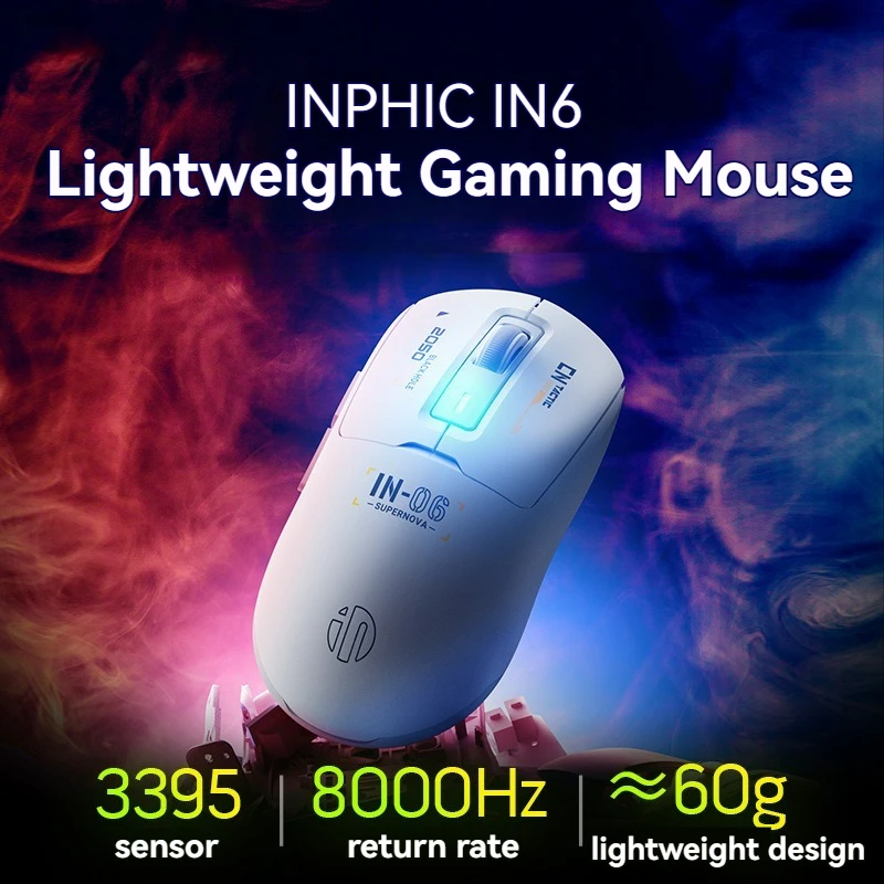 Inphic  IN6 Wireless Bluetooth Mouse Three-mode Wired 60g Lightweight Gaming Mouse PAW3395 Sensor 26000DPI  Rate 500mAh Mouse