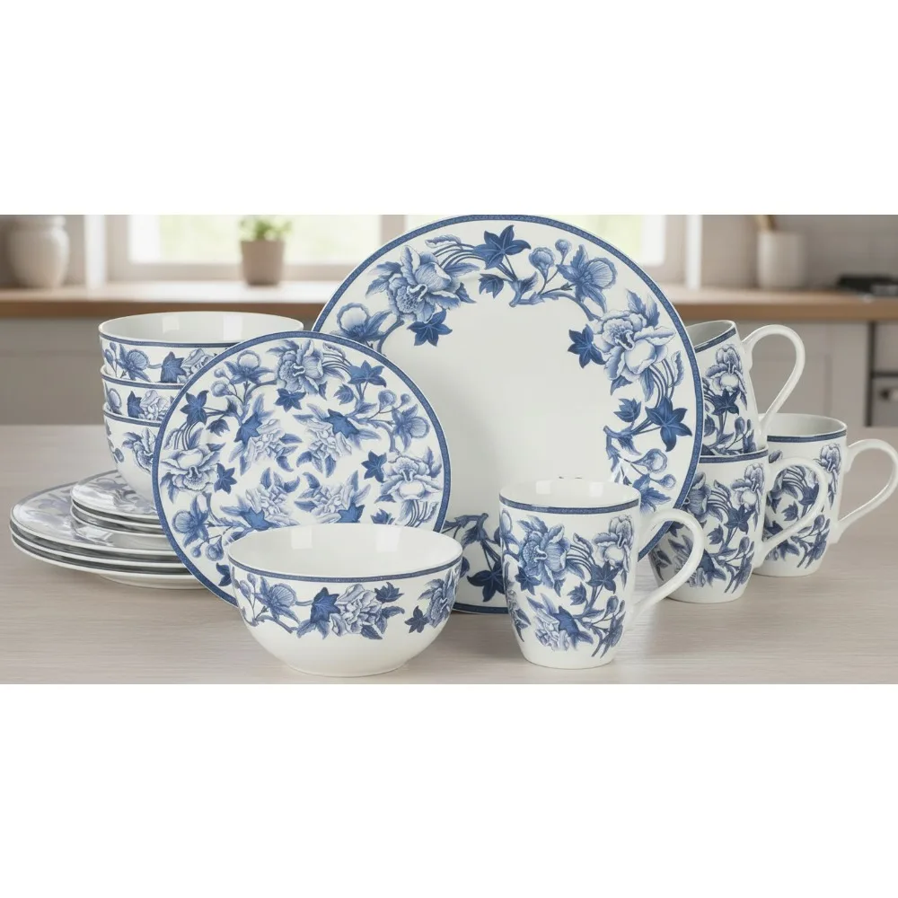 

Vintage Blue Stoneware 16-Piece Dinnerware Set for 4 - Durable Chip-Resistant Plates Bowls, Elegant Rustic Kitchen Tableware
