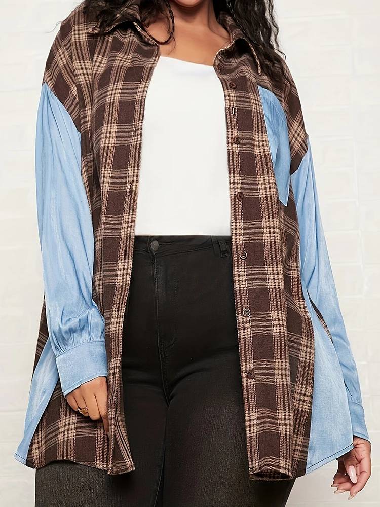 Women Checkered Jacket Plus Size Splicing Design Simplicity Fashion Versatile Flip Collar Single Breasted Button Plaid Coat