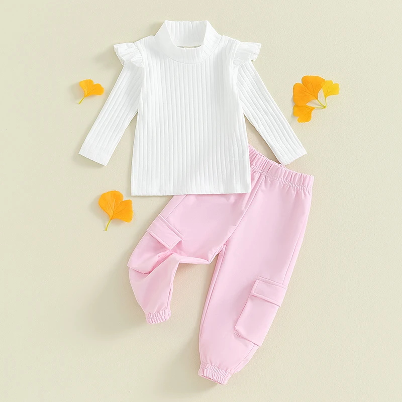 

Suefunskry Little Girls Autumn Fashionable 2Pcs Outfits Solid Color Long Sleeve Ruffle Ribbed Tops Pink Cargo Pants Set