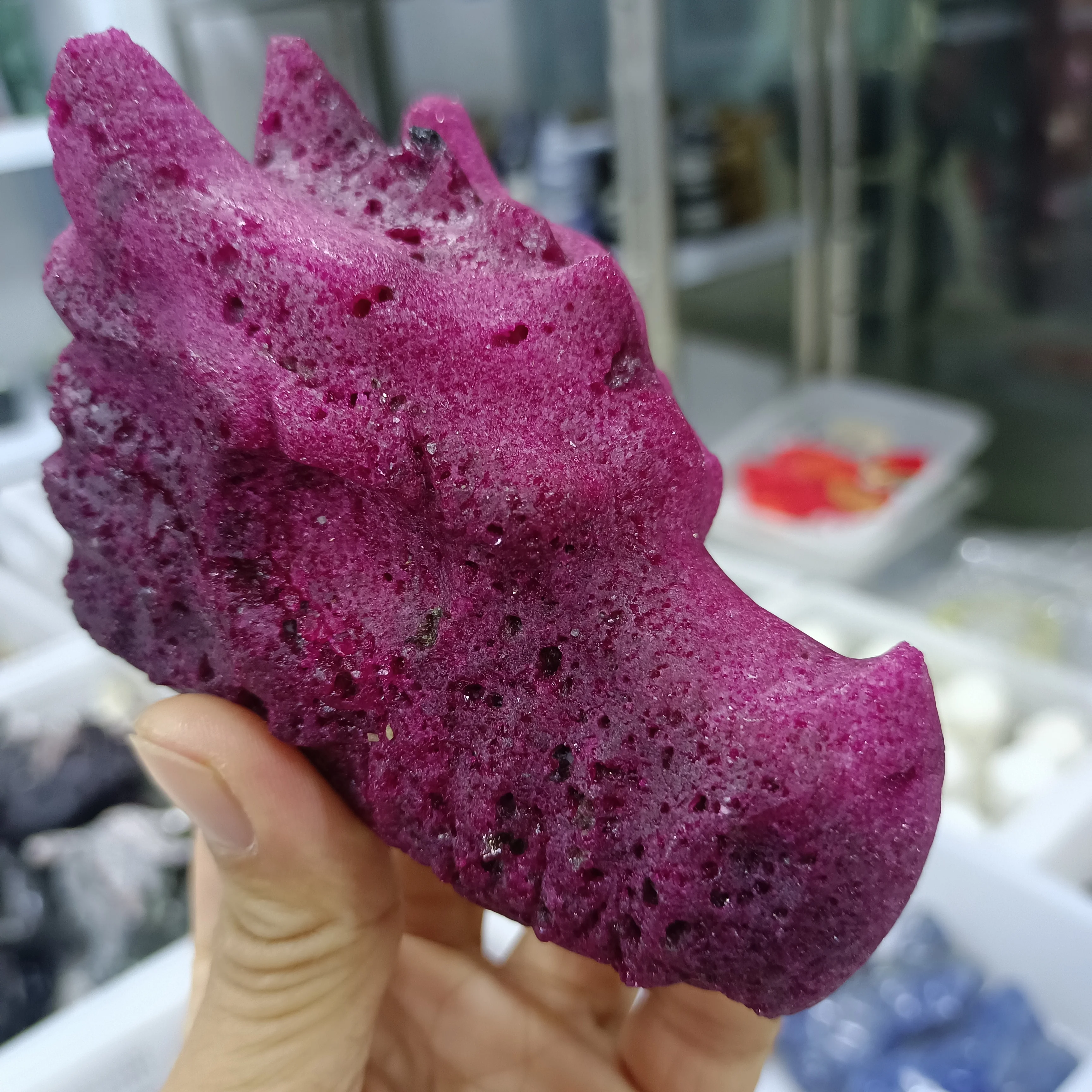 Natural Ruby Sculpted Dragon Skull Quartz Crystal Mineral Specimen, Reiki Healing Gem, Home Office Degaussing Decoration