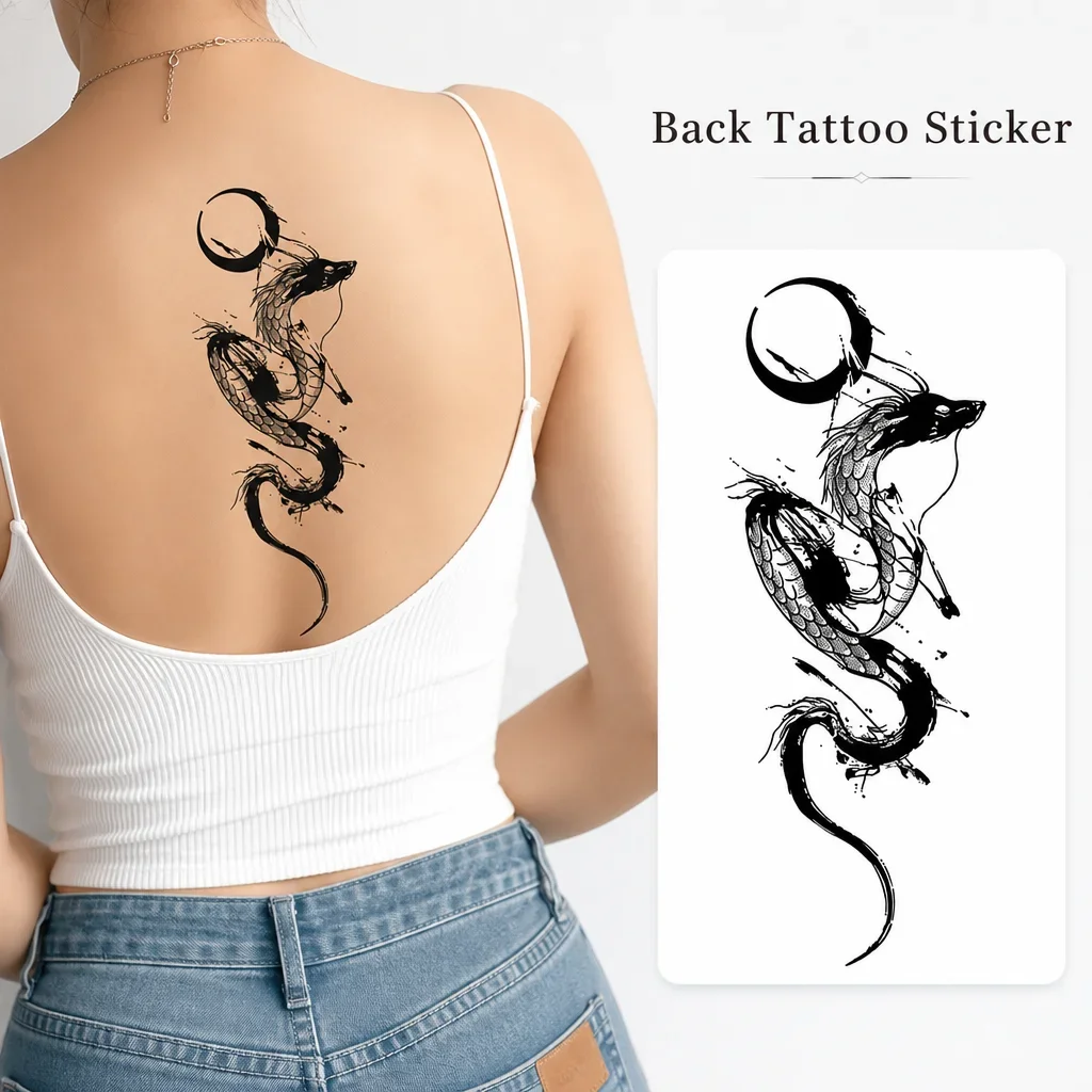 1 Sheet Per Pack Temporary Tattoo Sticker Black Waterproof Long Lasting Dragon Japanese Blackwork Moon Back Full Body for Women