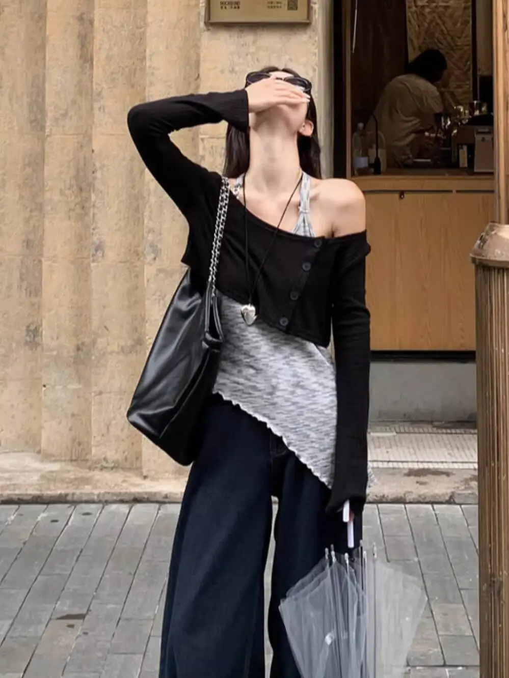 

2026 Spring Autumn New Women's Y2K Two Piece Set Irregular Crop Top Long Sleeve Jazz Dance Streetwear Outfit