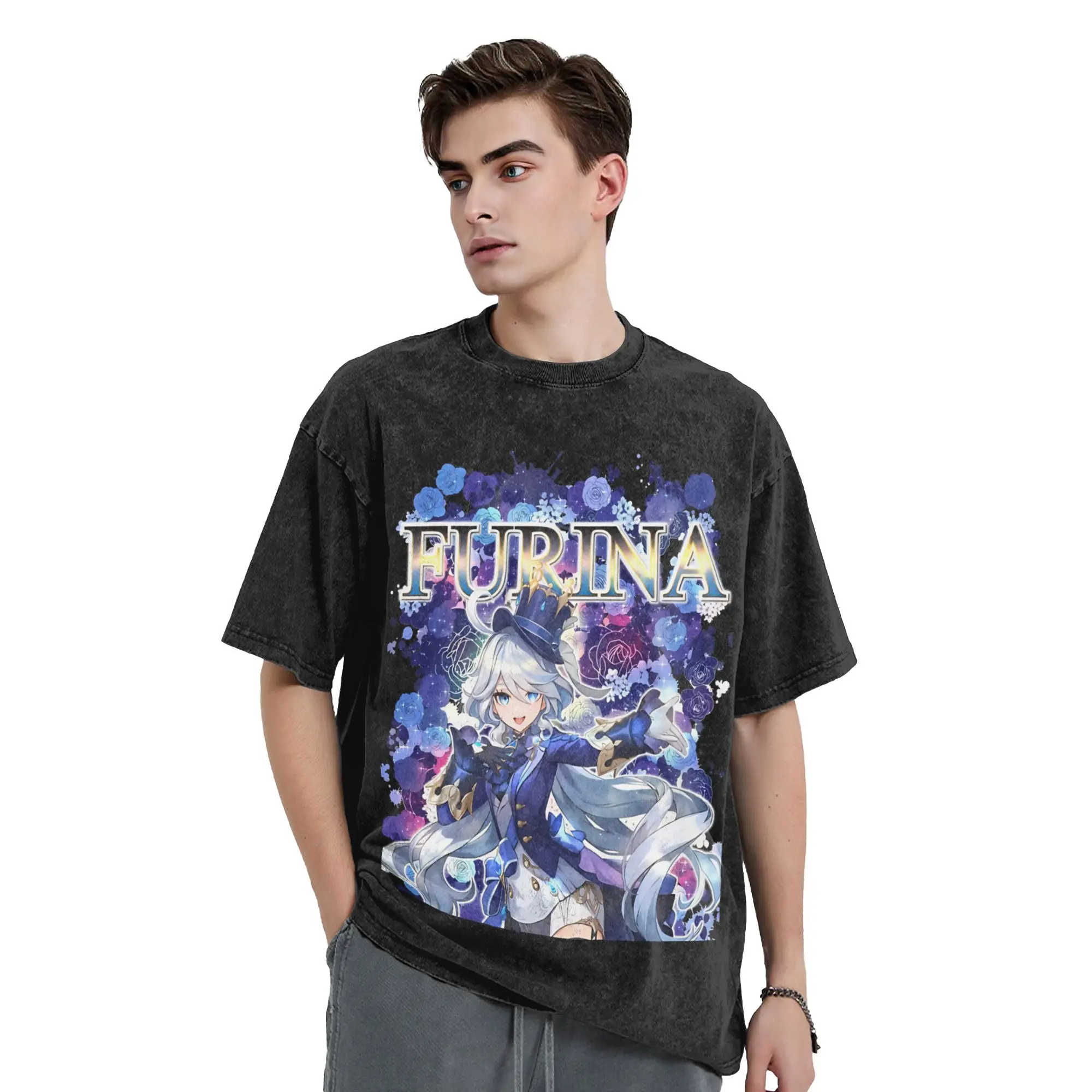 Furina Flowers Genshin Impact T Shirt Hip Hop Washed 100% Cotton Oversize T-Shirts for Men Women Tops Streetwear Printed Tees
