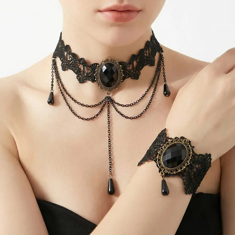 Vintage Sexy Fashion Beads Flower Tassel Chains Necklace Lady Neck Jewelry Accessories Girl Lace Gothic Choker for Women