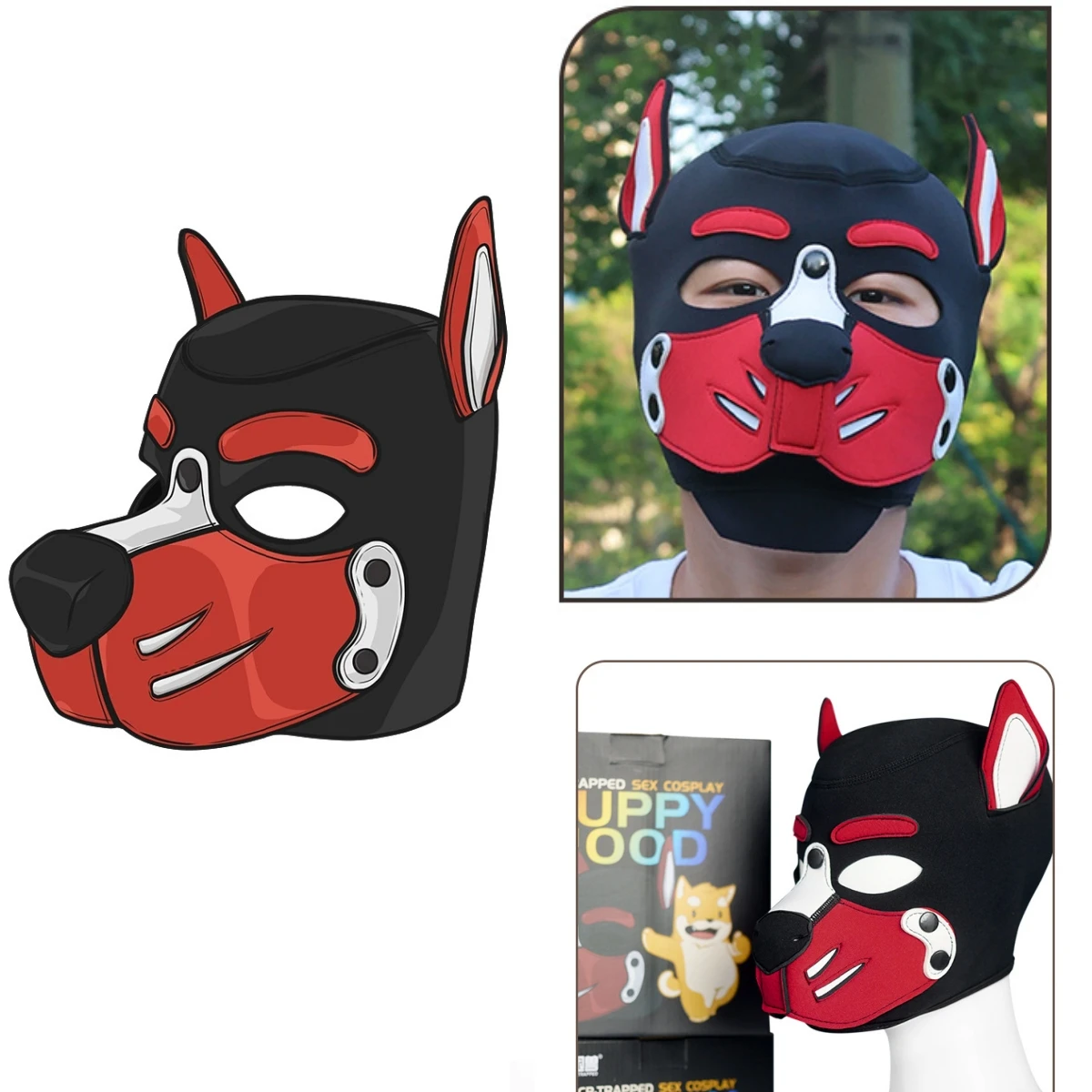 Unisex FullFace Dog Headgear Open Eyes Mouth Halloween Costume Sexy Fetish Mask with Hooded for Couples Game Party Play Props 2