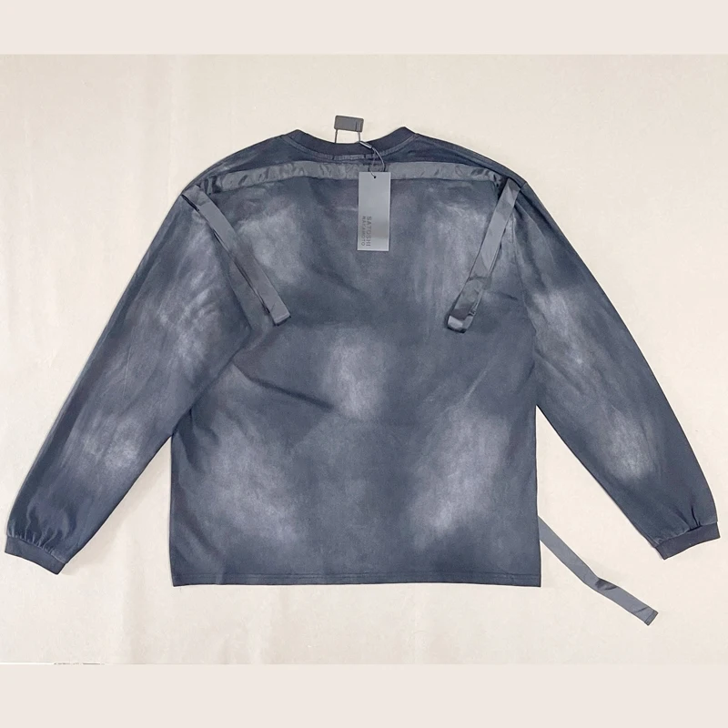Street Unique Deconstructed Satoshi Nakamoto Long Sleeve Tee Vintage Washed Multi Webbing Ribbon Design Loose Drop Shoulder Tops