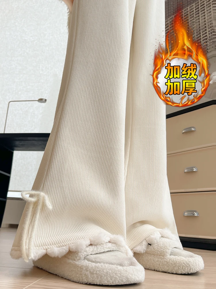 Cute Bow Hairball and Velvet Knitted Micro Pull Pants Women in Autumn and Winter High Waist Warm and Loose Wide Leg Pants