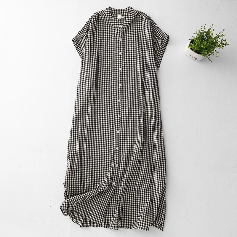 วินเทจลายสก๊อตแขนสั้นเสื้อชุดสตรีฤดูร้อนสไตล์วิทยาลัยหลวมชุดยาวลําลองStreetwear