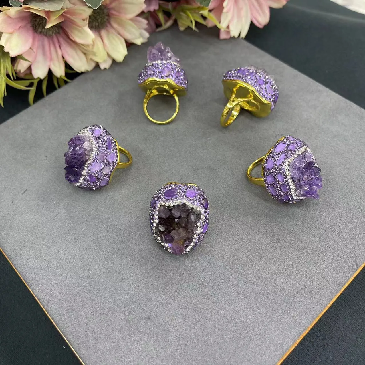 Natural Amethyst Rhinestone Rough Stone Ring Personality Fashion Women\'s Wedding Banquet Finger Jewelry