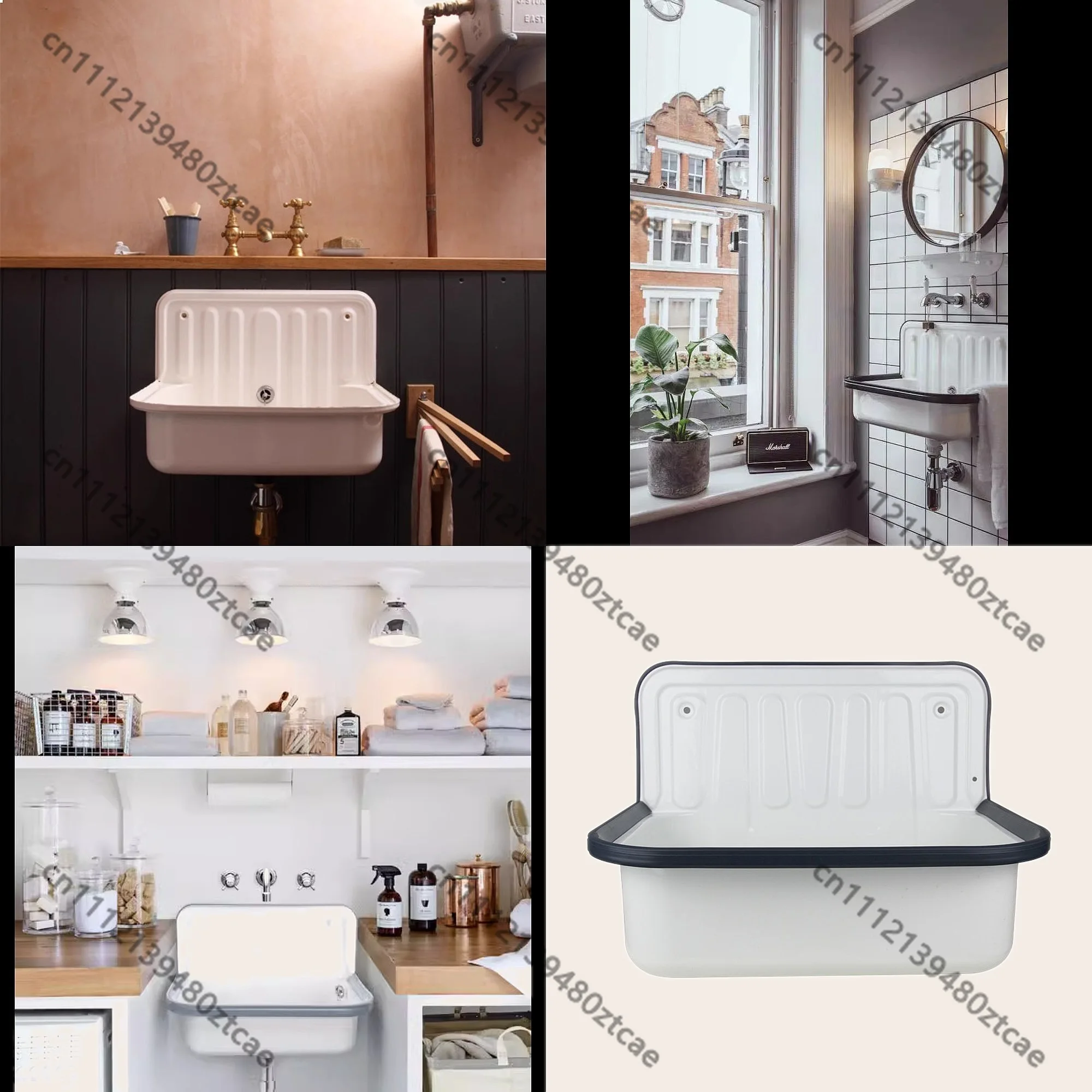 Retro Classic Wall-Mounted Enamel Sink Hand Basin for Kitchen Bathroom Outdoor Balcony