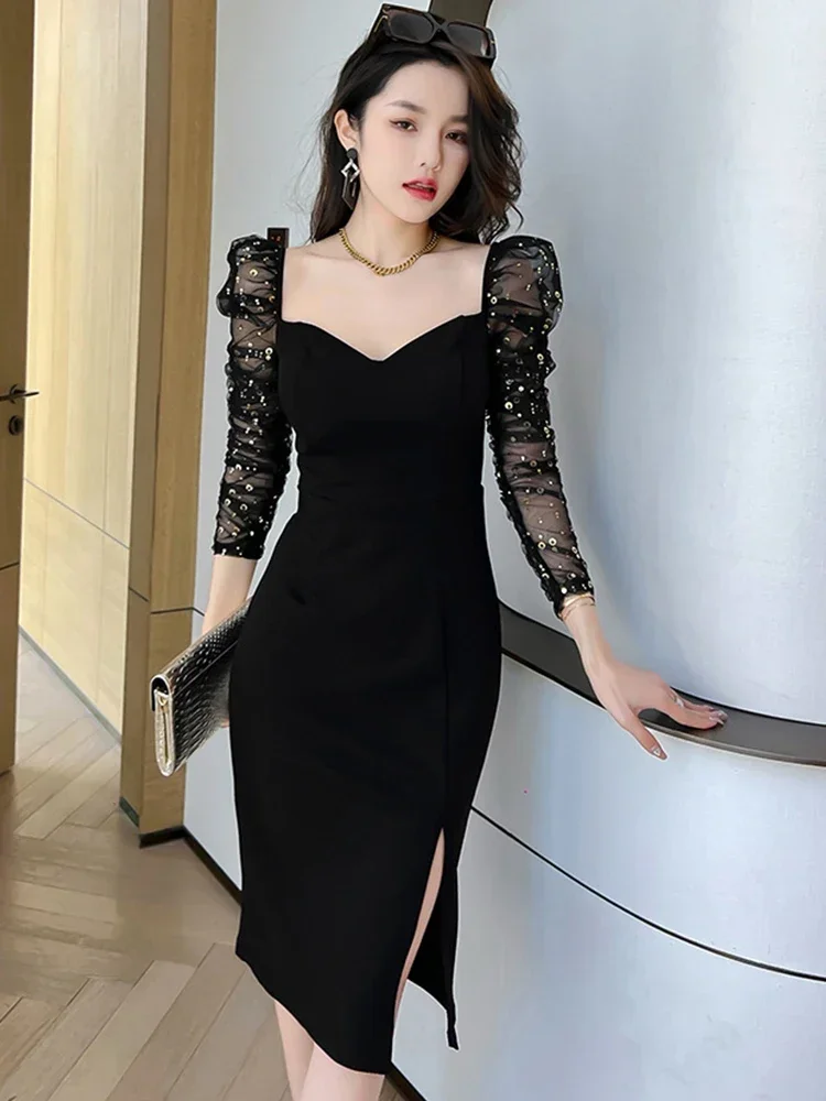 

Fashion Sexy Midi Dresses for Women 2023 Black Shiny Sequins Perspective Sheer Mesh Slim Dress Party Banquet Robe Female Vestido