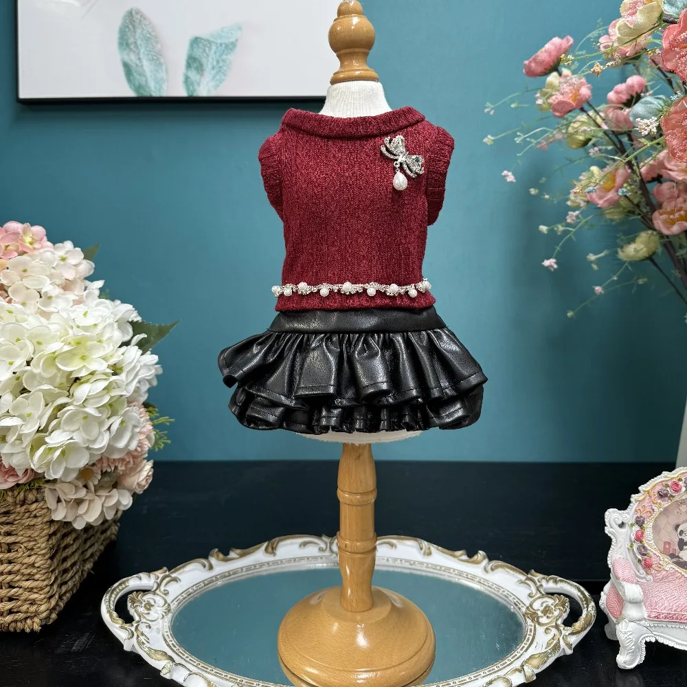 

2025 Autumn Winter Puppy Overalls Handmade Knit Cotton Red Black Princess Dresses For Small Medium Dogs Pet Clothes Chihuahua