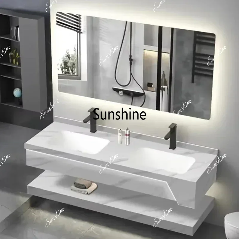 Modern Seamless Integrated Bathroom Vanity Cabinet with Slab Stone Basin Wall-Mounted Storage 2026 New Model Furniture Design T*