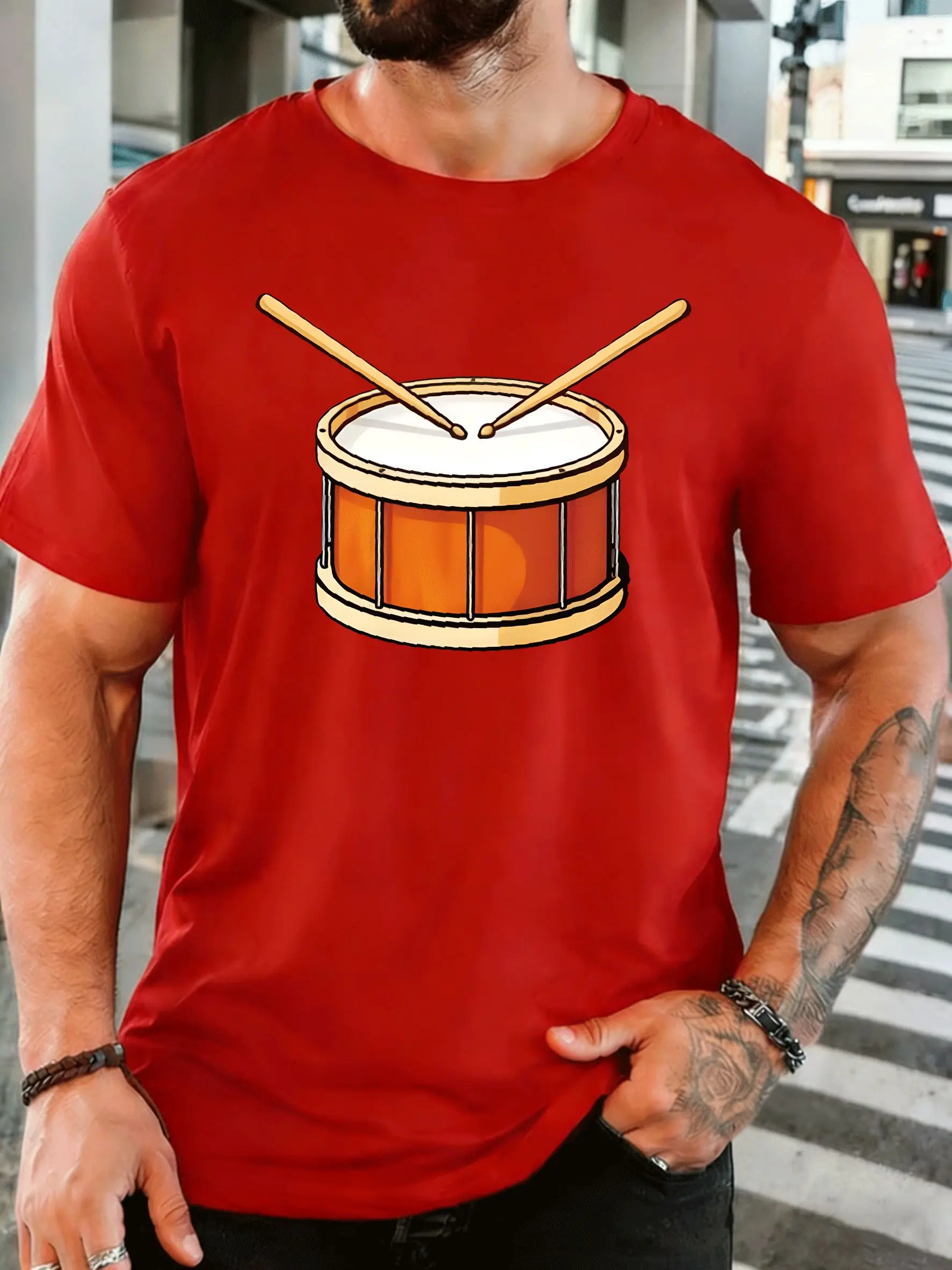 Snare Drum With Drumsticks Men Front Print T Shirt Music Instrument Cartoon Graphic Tee Casual Short Sleeve Top Drummer Fan Gift