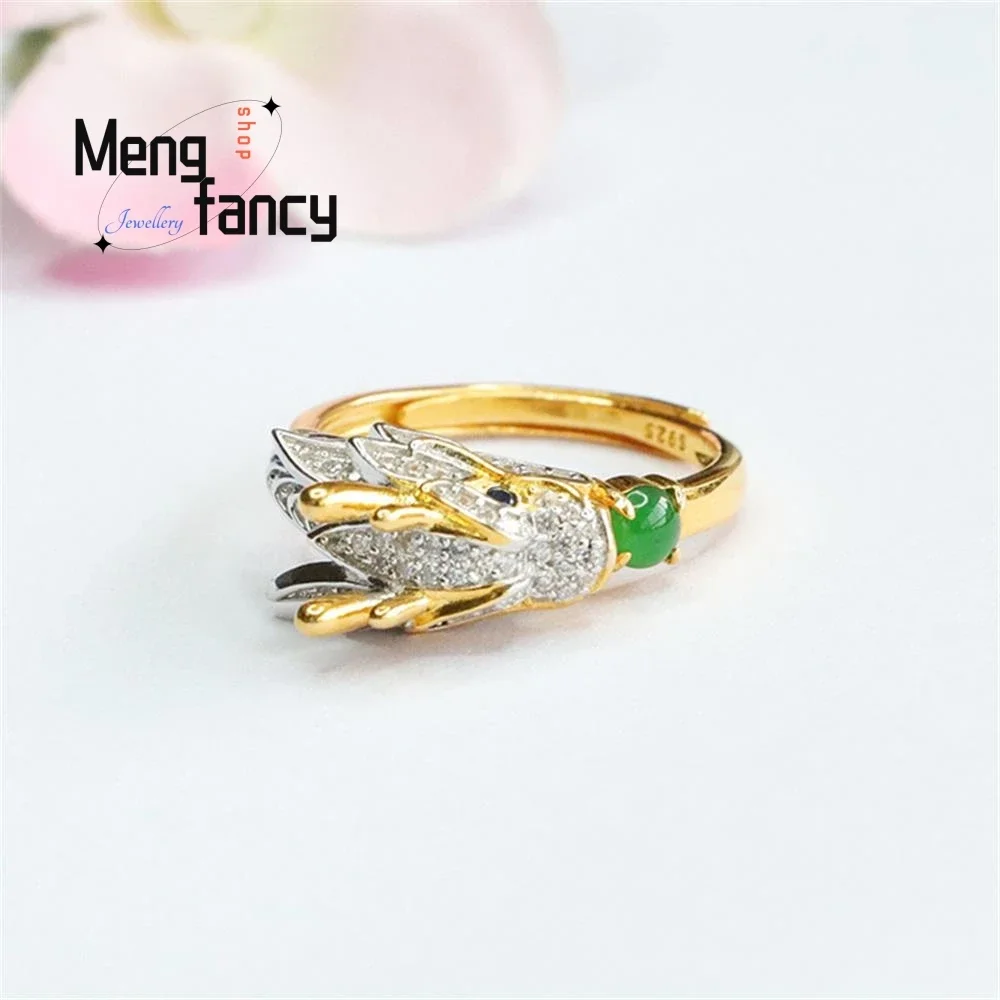 S925 Silver Lnlaid Natural Jadeite Ice Type Imperial Green Fortune Dragon Ring Exquisite High-grade Couple Fashion Fine Jewelry