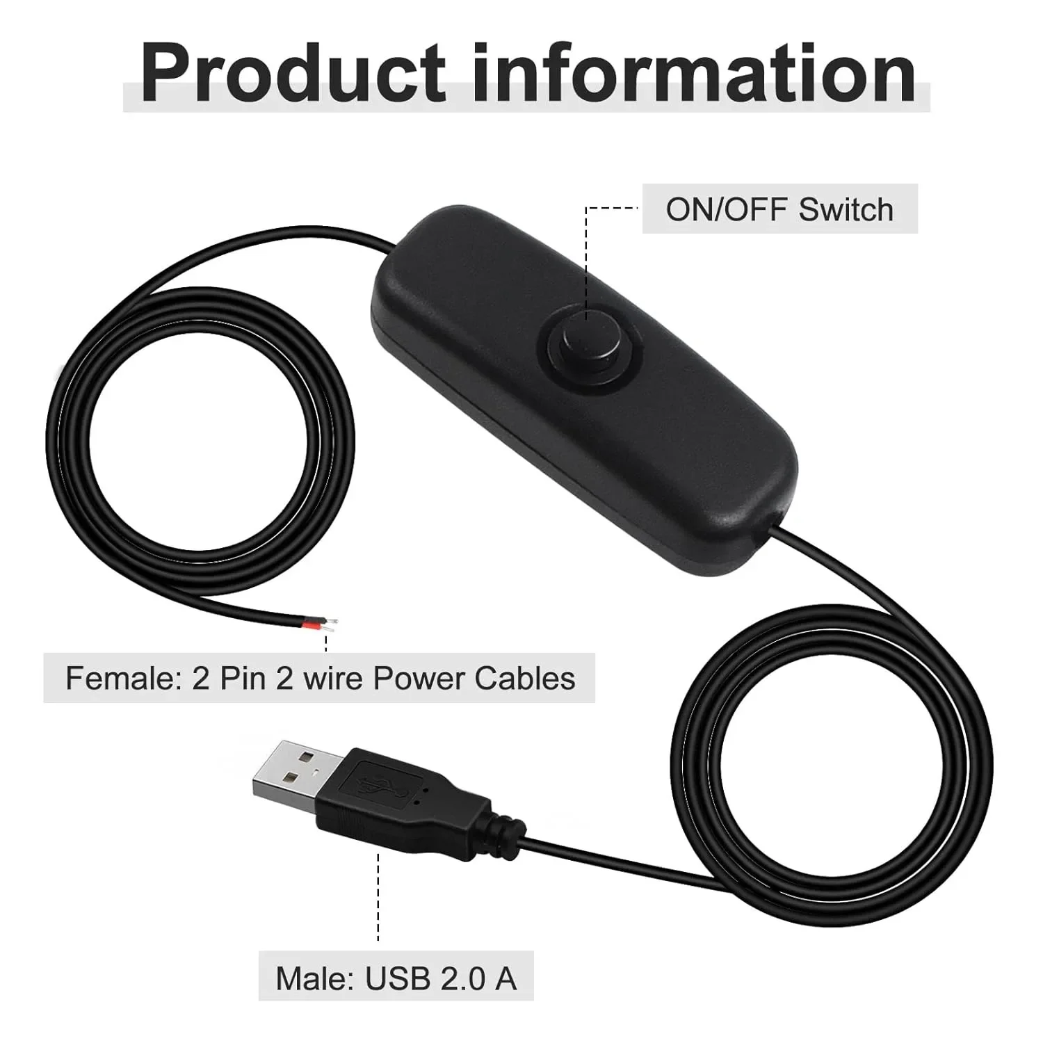 كابل تمديد مفتاح USB 5 فولت، USB 2.0 قابس ذكر و2 دبوس 2 سلك موصل كابل شحن الطاقة DIY لمصباح مكتب مروحة USB #3