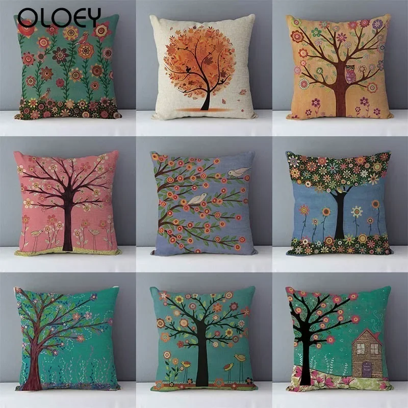 

Colored trees flower printed pastoral couch seat back cushion home decorative pillows popular plants pillowcase 45x45cm cushions